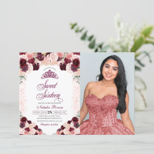 Burgundy Blush Pink Floral Sweet Sixteen Birthday Kaart