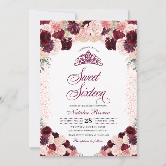 Burgundy Blush Pink Floral Sweet Sixteen Birthday Kaart (Voorkant)