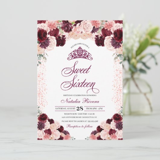 Burgundy Blush Pink Floral Sweet Sixteen Birthday Kaart (Staand voorkant)