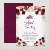 Burgundy Blush Pink Floral Sweet Sixteen Birthday Kaart (Voorkant / Achterkant)