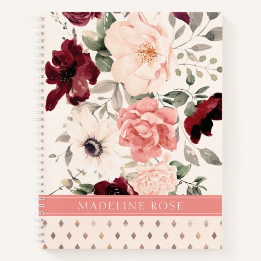 Burgundy Blush Pink Floral Waterverf Name Notitieboek (Voorkant)