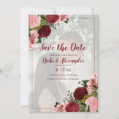 Burgundy Blush Pink Floral Weddenschap Opslagdatum Kaart (Voorkant)