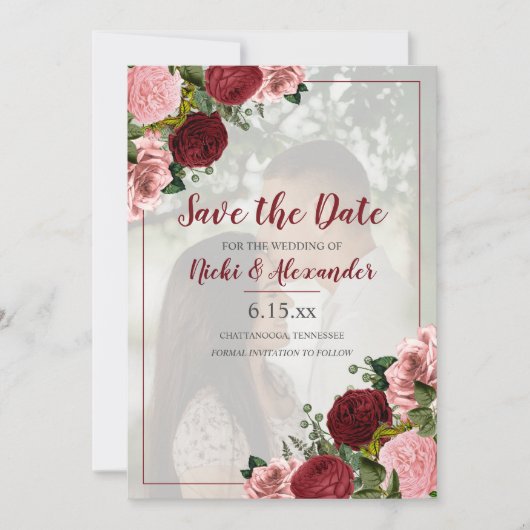Burgundy Blush Pink Floral Weddenschap Opslagdatum Kaart (Voorkant)