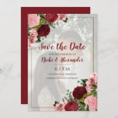 Burgundy Blush Pink Floral Weddenschap Opslagdatum Kaart (Voorkant / Achterkant)