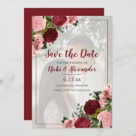 Burgundy Blush Pink Floral Weddenschap Opslagdatum Kaart