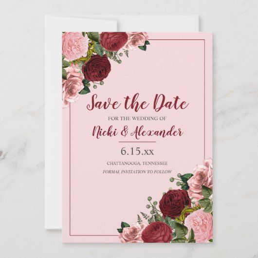 Burgundy Blush Pink Floral Weddenschap Save Date Kaart (Voorkant)