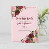 Burgundy Blush Pink Floral Weddenschap Save Date Kaart (Staand voorkant)