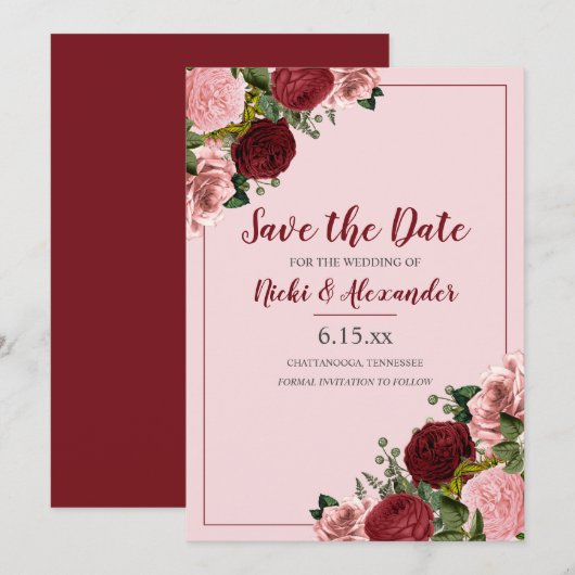 Burgundy Blush Pink Floral Weddenschap Save Date Kaart (Voorkant / Achterkant)