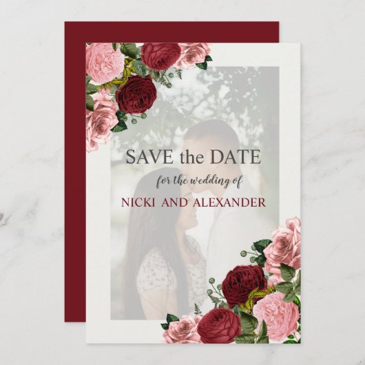 Burgundy Blush Pink Floral Weddenschap Save Date Kaart (Voorkant / Achterkant)