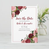 Burgundy Blush Pink Floral Weddenschap White Save  Kaart (Staand voorkant)