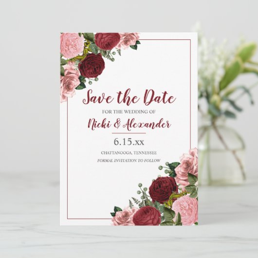 Burgundy Blush Pink Floral Weddenschap White Save  Kaart (Staand voorkant)