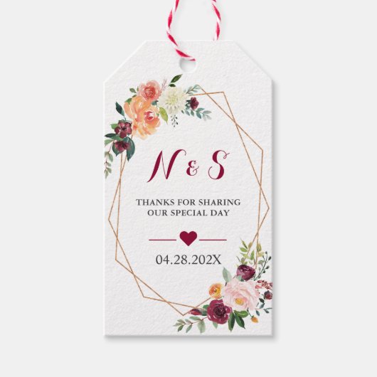 Burgundy Blush Pink Floral Wedding Favor Dank je Cadeaulabel (Voorkant)