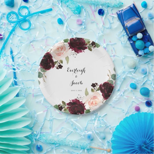 Burgundy Blush Pink Floral Wedding Papieren Bordje (Feest)
