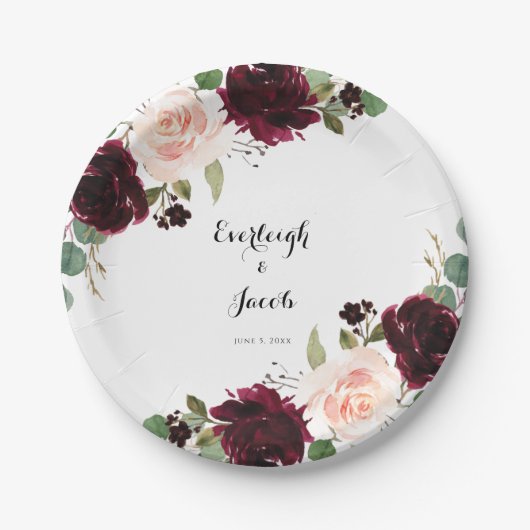Burgundy Blush Pink Floral Wedding Papieren Bordje (Voorkant)