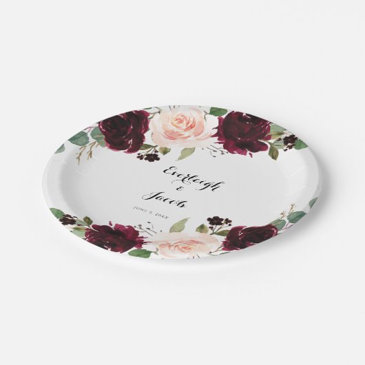 Burgundy Blush Pink Floral Wedding Papieren Bordje (Gekanteld)