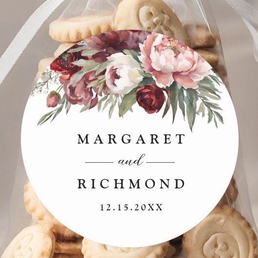 Burgundy Blush Pink Floral Wedding Ronde Sticker