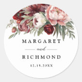 Burgundy Blush Pink Floral Wedding Ronde Sticker (Voorkant)