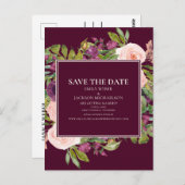 Burgundy Blush Pink Floral Wedding Save the Date Briefkaart (Voorkant / Achterkant)