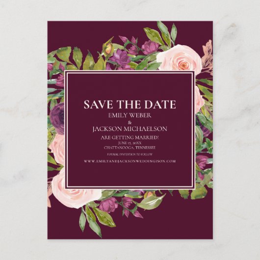 Burgundy Blush Pink Floral Wedding Save the Date Briefkaart (Voorkant)
