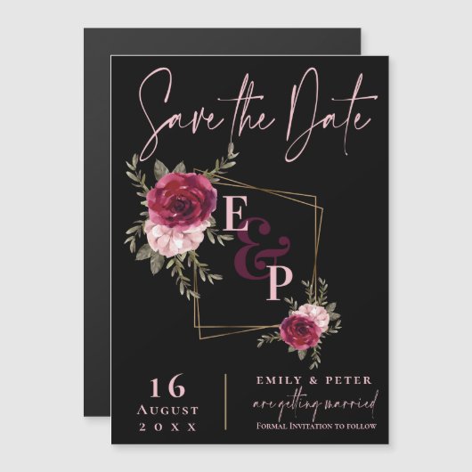 Burgundy Blush Pink Floral Wedding Save the Date Magnetische Uitnodiging (Voorkant / Achterkant)