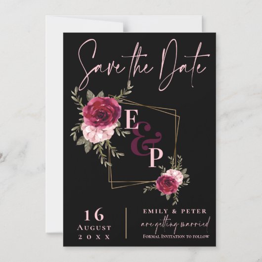 Burgundy Blush Pink Floral Wedding Save the Date Magnetische Uitnodiging (Voorkant)