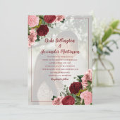 Burgundy Blush Pink Floral Weduwfoto Kaart (Staand voorkant)