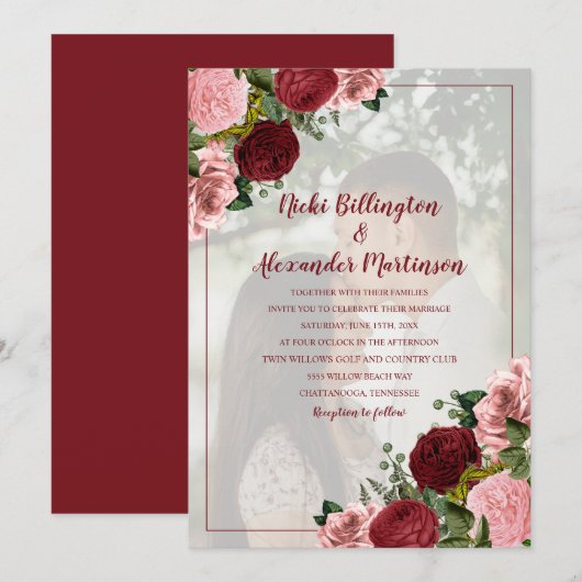 Burgundy Blush Pink Floral Weduwfoto Kaart (Voorkant / Achterkant)