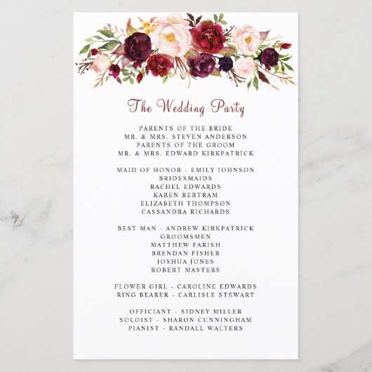 Burgundy Blush Pink Garden Floral Wedding Programm (Achterkant)