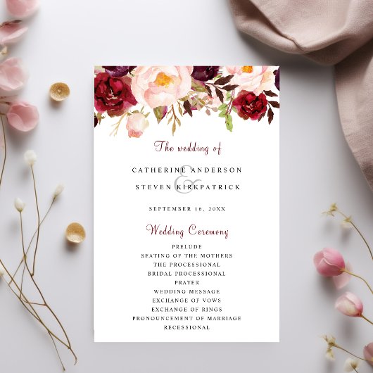 Burgundy Blush Pink Garden Floral Wedding Programm