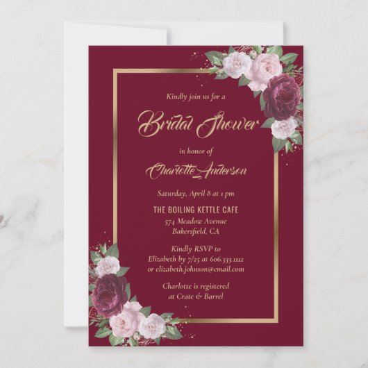 Burgundy Blush Pink Gold Bridal Shower Invitaties Kaart (Voorkant)