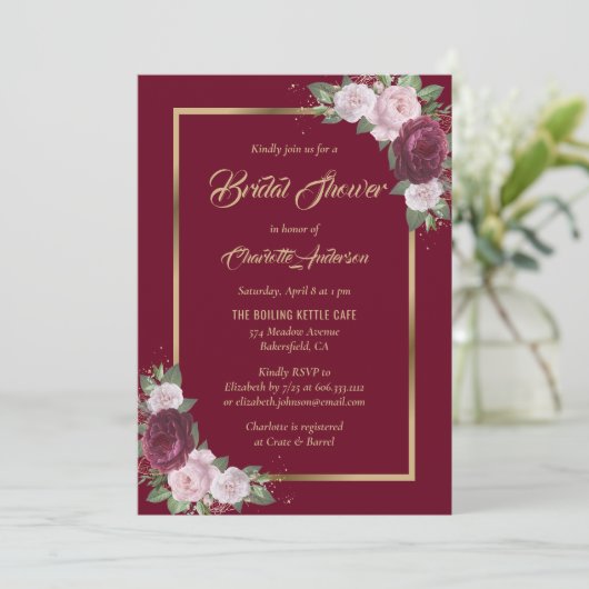 Burgundy Blush Pink Gold Bridal Shower Invitaties Kaart (Staand voorkant)