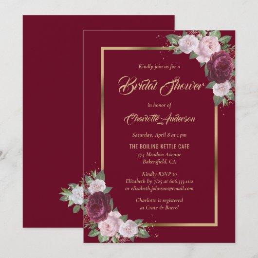 Burgundy Blush Pink Gold Bridal Shower Invitaties Kaart (Voorkant / Achterkant)