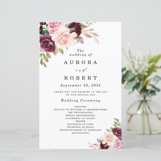 Burgundy Blush Pink Gold Floral Wedding Programs (Staand voorkant)