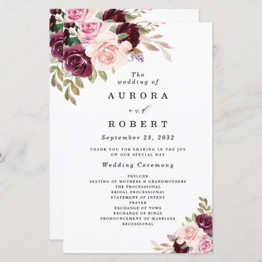 Burgundy Blush Pink Gold Floral Wedding Programs (Voorkant / Achterkant)