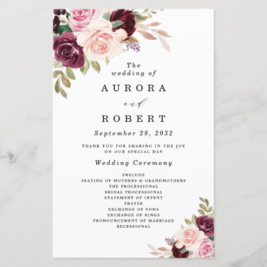Burgundy Blush Pink Gold Floral Wedding Programs (Voorkant)