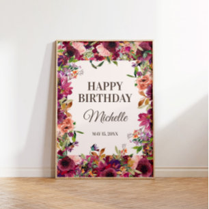 Burgundy Blush Pink Happy Birthday Party Poster