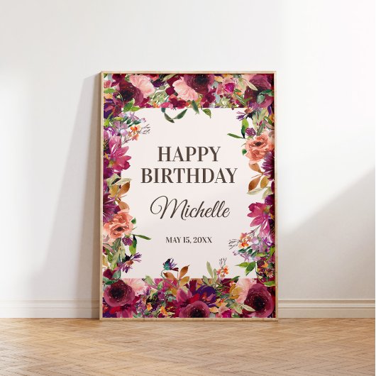 Burgundy Blush Pink Happy Birthday Party Poster