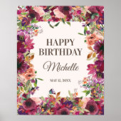 Burgundy Blush Pink Happy Birthday Party Poster (Voorkant)