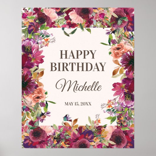 Burgundy Blush Pink Happy Birthday Party Poster (Voorkant)