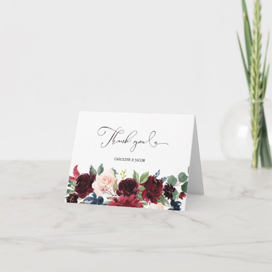 Burgundy Blush Pink Navy Blue Floral Wedding Bedankkaart (Voorkant)