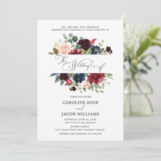 Burgundy Blush Pink Navy Blue Floral Wedding Kaart (Staand voorkant)