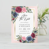 Burgundy Blush Pink Navy Blue Floral Wedding Save The Date (Staand voorkant)