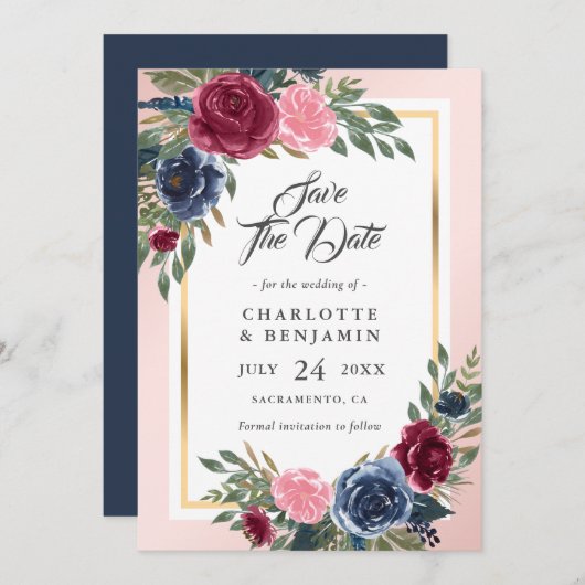 Burgundy Blush Pink Navy Blue Floral Wedding Save The Date (Voorkant / Achterkant)