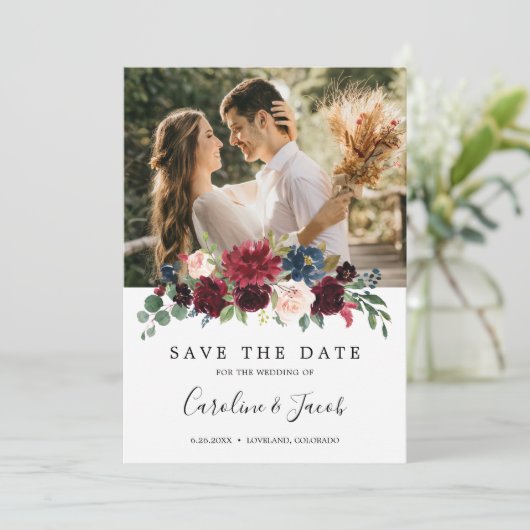 Burgundy Blush Pink Navy Blue Floral Wedding Save The Date (Staand voorkant)