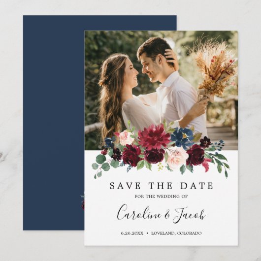 Burgundy Blush Pink Navy Blue Floral Wedding Save The Date (Voorkant / Achterkant)