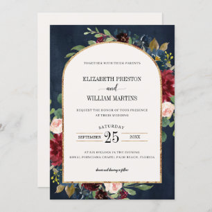 Burgundy Blush Pink Navy Floral Arch Lijst Weddens Kaart