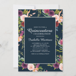 Burgundy Blush Pink Navy Floral Quinceañera Kaart