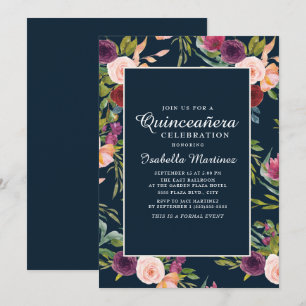 Burgundy Blush Pink Navy Floral Quinceañera Kaart