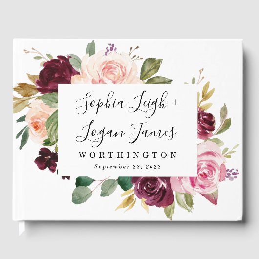 Burgundy Blush Pink Peach Gold Floral Boho Wedding Gastenboek (Voorkant)