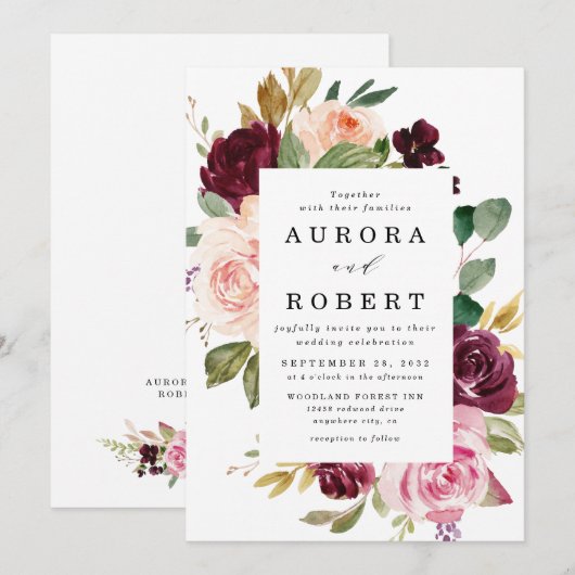 Burgundy Blush Pink Peach Gold Floral Boho Wedding Kaart (Voorkant / Achterkant)